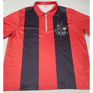 Hawalili Black & Red Striped Polo Bowling Shirt w/ Cocktail Graphic Men's 2XL
